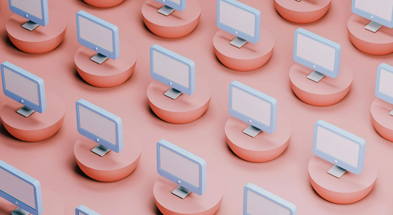 3d rendering of repeating desktop monitors on pink round stands diagonally against a pink background.